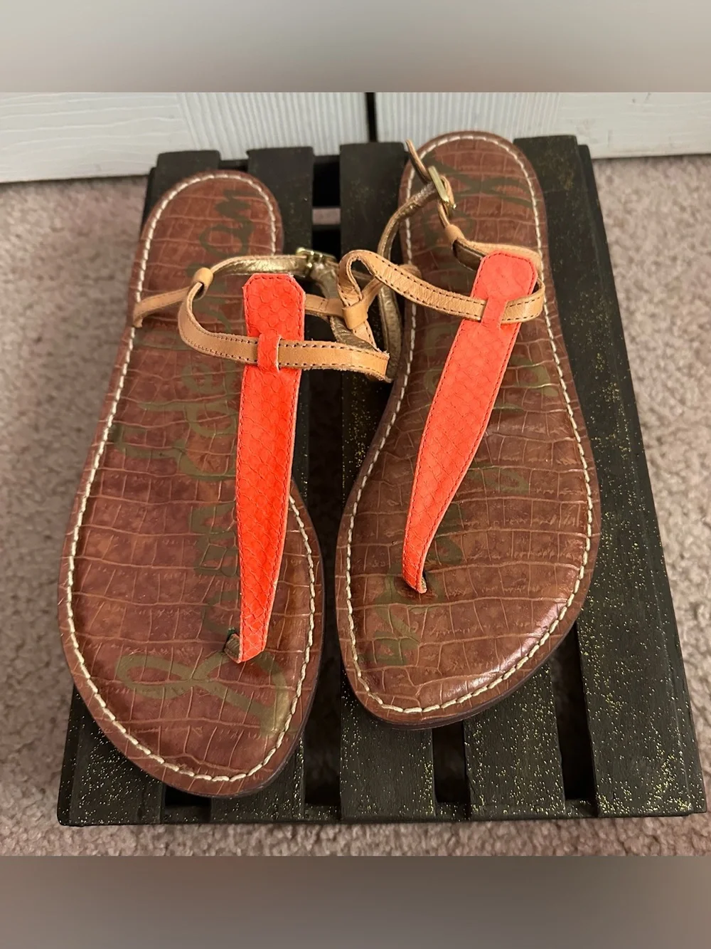 Sam Edelman Women's Orange and Tan T-Strap Sandals